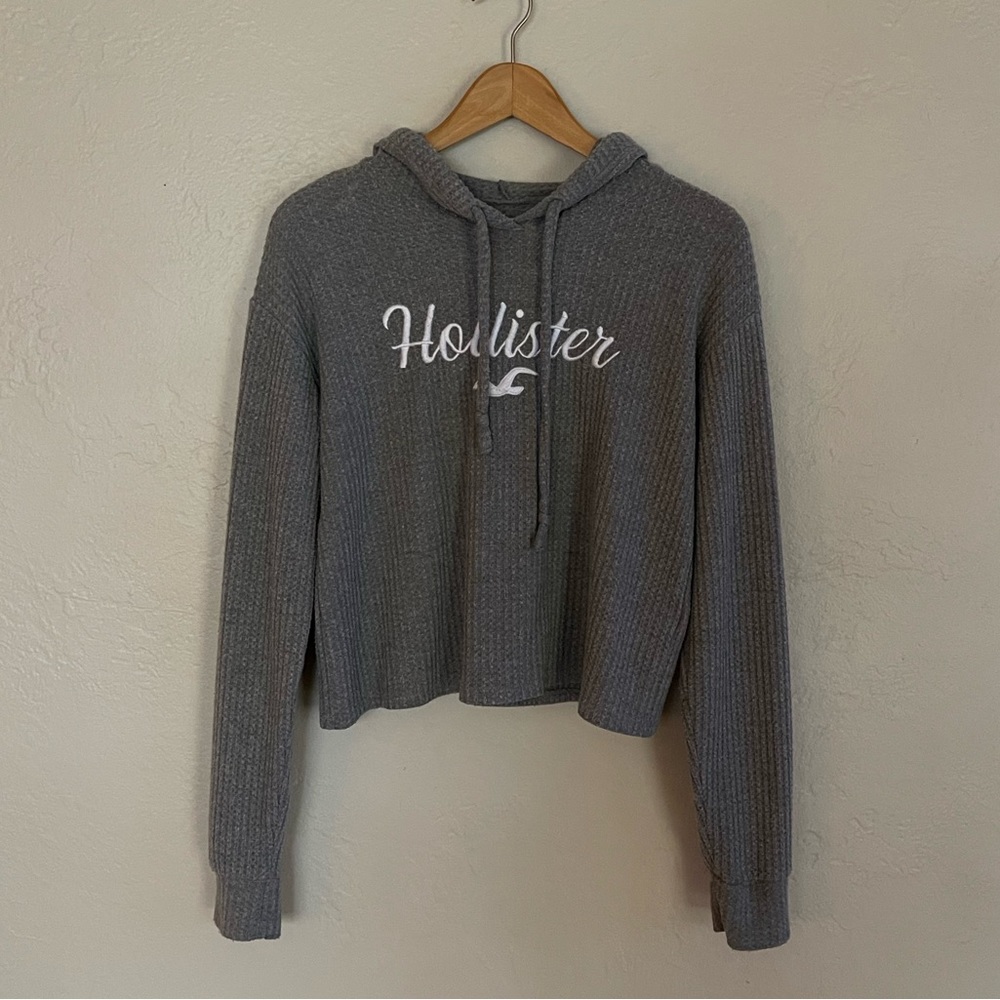 HOLLISTER - Waffle Knit Crop Hoodie, Gray, Size XS
